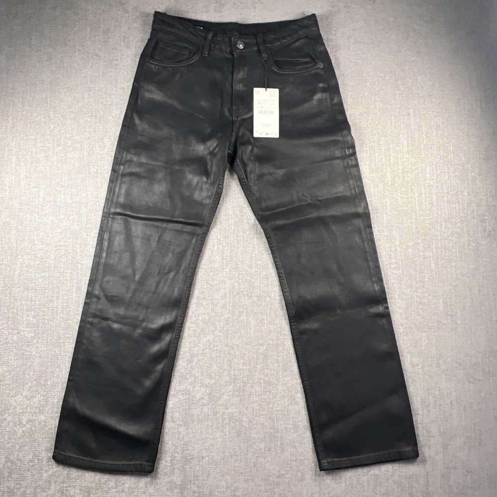 Zara TRF Coated Straight Leg Jeans Womens 4 Black Waxed Faux Leather Shiny NWT